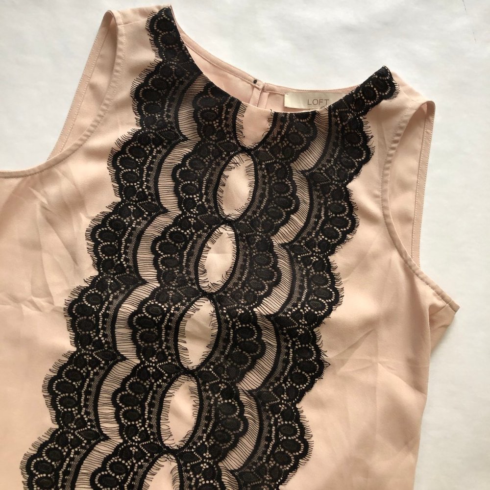 Ann Taylor LOFT Tan Sleeveless Top Black Lace Trim